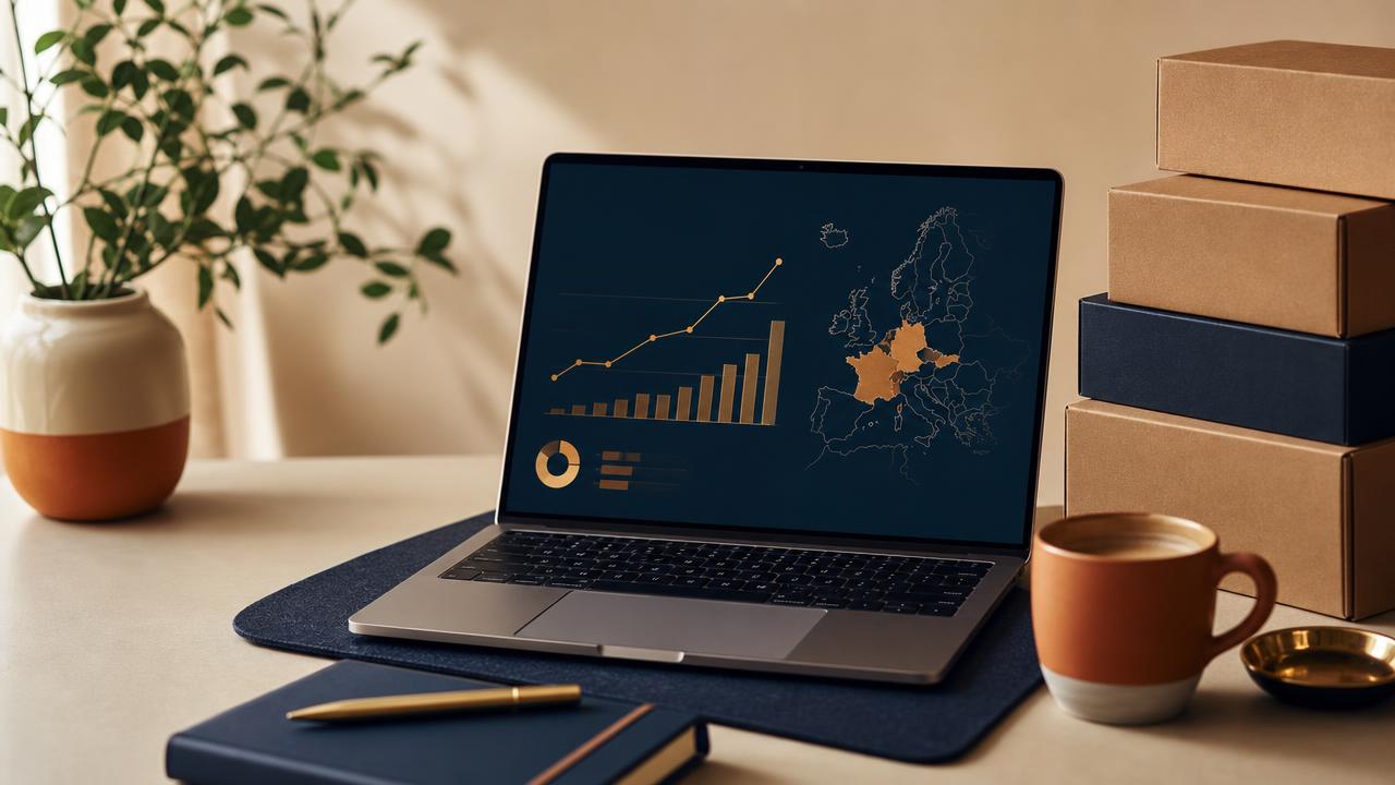 Laptop showing European marketplace revenue growth charts and a map of Europe