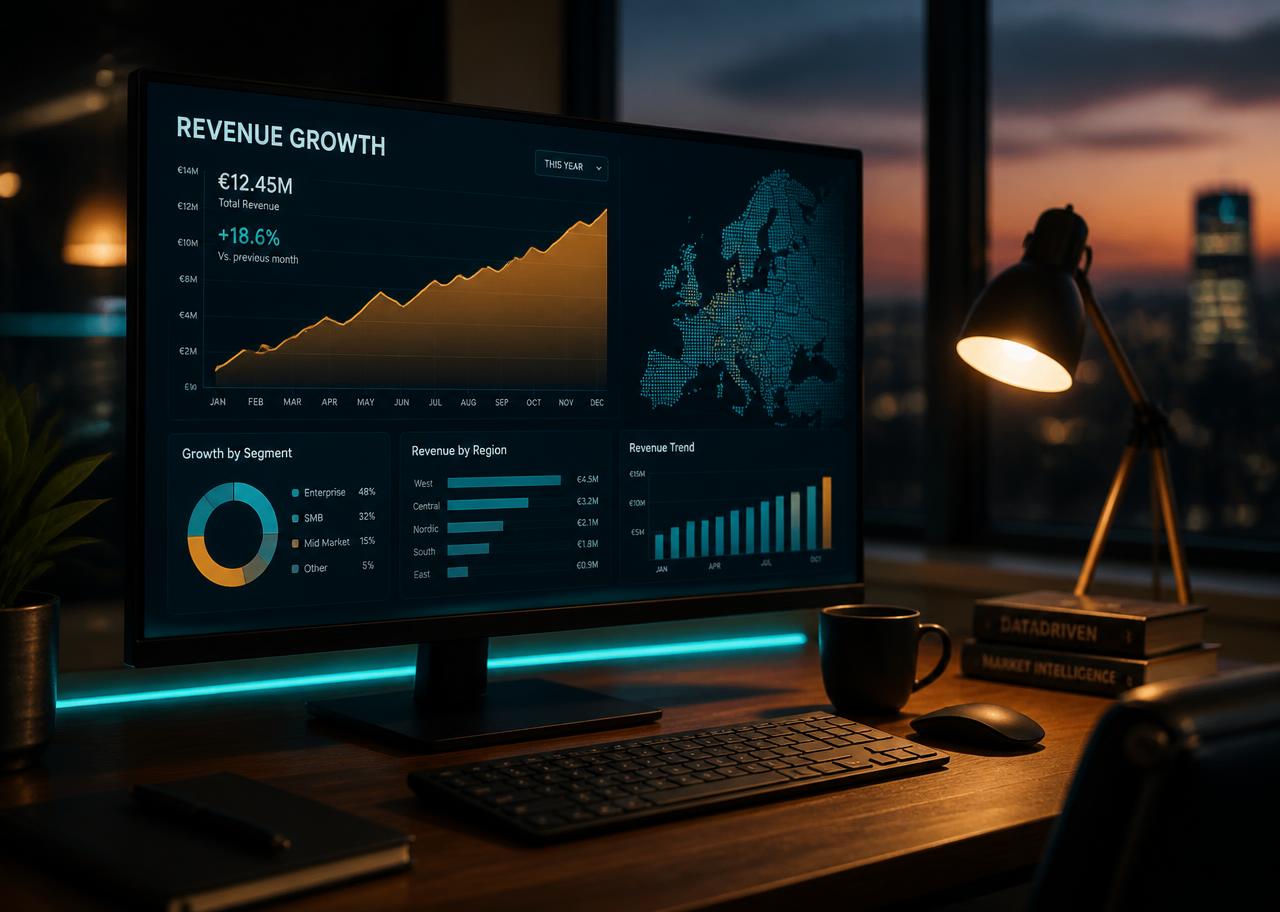 Analyst workstation showing European marketplace revenue dashboards